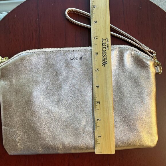 Lodis Leather wristlet in Metallic Rose Gold  Zip Top Close - Picture 8 of 8